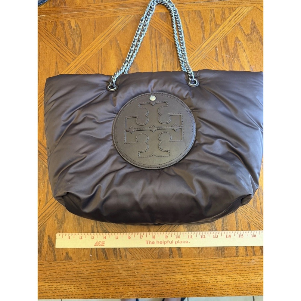 Tory Burch Ella Puffy Chain Tote Brown Tempranillo Nylon Bag Large - Picture 11 of 13